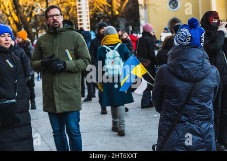 Demonstration auf dem Freiheitsplatz im NATO-Staat Estland zur Unterstützung der Ukraine. Eine Frau mit ukrainischen Flaggen Stockfoto