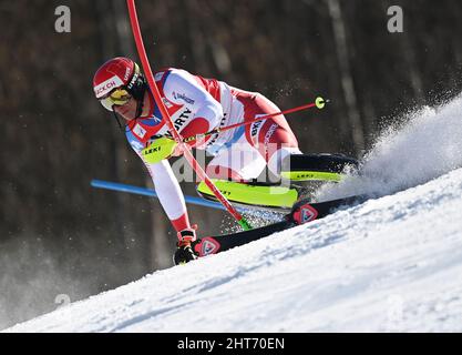 Garmisch Partenkirchen, Deutschland. 27.. Februar 2022. Alpinski: Weltcup, Slalom, Männer, 2. Lauf. Ramon Zenhäusern aus der Schweiz in Aktion. Quelle: Angelika Warmuth/dpa/Alamy Live News Stockfoto