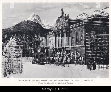 Aus dem Buch 'die Ludwigs von Bayern' von Henry Channon - Schloss Linderhof mit dem Staatsschlitten von König Ludwig II. Stockfoto