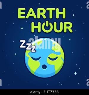 Earth Hour Banner-Design mit niedlichen Cartoon-Planet Erde schlafen. Vektorgrafik Clip Art Illustration. Stock Vektor