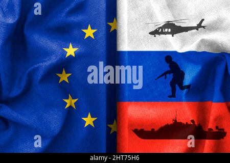 Russland und Europa Flaggen , Krieg Hintergrund Konzept Stockfoto
