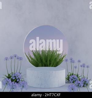 Zylindrische weißen Marmorsockel Schaufenster Podium Bühne mit natürlichen frischen lila Blumenpflanzen selektiven Fokus für Produktpräsentation 3D Rendering Stockfoto