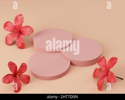 Minimalismus Schritt rund Produkt Display Bühne mit Hibiskus oder Rose Malbe Blumen für kosmetische Produkt Präsentation 3D Rendering Illustration Stockfoto