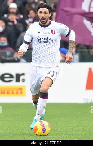 Salerno, Italien. 26.. Februar 2022. Roberto Soriano ( FC Bologna) während der Serie Ein Spiel zwischen den USA. Salernitana 1919 und FC Bologna und im Stadio Arechi. Endergebnis: 1-1 (Foto von Agostino Gemito/Pacific Press/Sipa USA) Quelle: SIPA USA/Alamy Live News Stockfoto