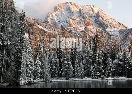 Blick auf den Jenny Lake im Grand Teton National Park mit verschneiten Bergen und Bäumen Stockfoto