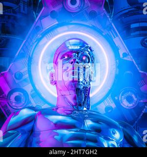 Power Core Cyborg - 3D Illustration eines humanoiden Roboters mit leuchtenden Augen und futuristischem Neon-Heiligenschein hinter dem Kopf Stockfoto
