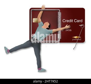 Ein Mann wird in einer Kreditkarte gefangen, die auch aussieht wie eine Mausefalle in einer 3-d-Illustration über Get Trapped by balances due on your Card. Stockfoto