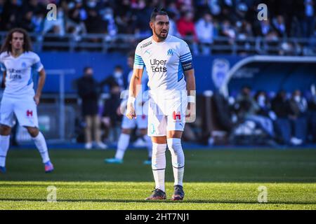 Troyes, Frankreich, Frankreich. 27.. Februar 2022. Dimitri PAYET aus Marseille während des Ligue 1-Spiels zwischen ESTAC Troyes und Olympique de Marseille (OM) im Stade de l'Aube am 27. Februar 2022 in Troyes, Frankreich. (Bild: © Matthieu Mirville/ZUMA Press Wire) Stockfoto