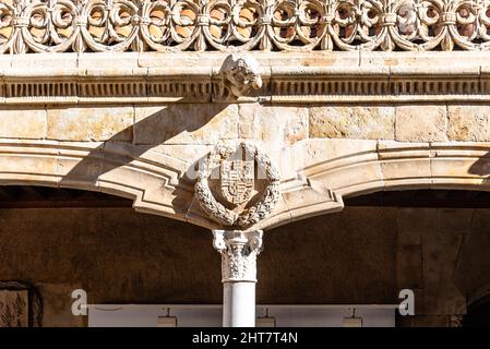 Medaillon im Innenhof der Casa de Las Conchas oder Haus der Muscheln im plateresken Stil. Es befindet sich in der Altstadt von Salamanca Stockfoto