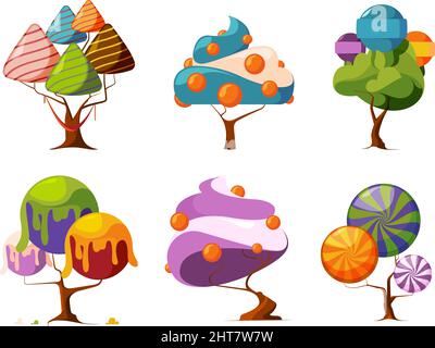 Fantasy-Süßigkeiten. Zucker Süßigkeiten in futuristischen Träumen Lutscher köstliche botanische Desserts in Baumformen Creme Lebkuchen grellen Vektor Cartoon Stock Vektor