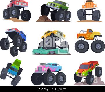 Monster Trucks. Sport farbigen Transport mit großen aggressiven schweren Rädern genaue Vektor-Rennwagen Bilder eingestellt Stock Vektor
