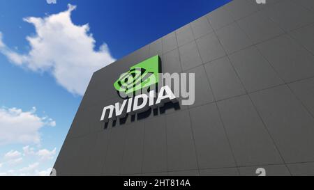 NVIDIA-Logo an der Wand, nur zur redaktionellen Verwendung, 3D-Rendering Stockfoto