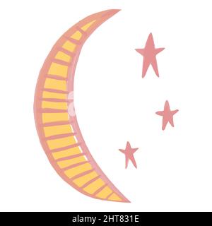 Aquarell handgezeichnetes Element für den Kindergarten im Boho-Stil. Vektordarstellung von Halbmond und rosa Sternen. Stock Vektor