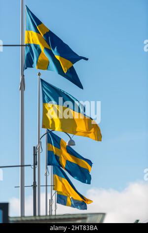 Göteborg, Schweden - 27 2022. Februar: Die Flaggen der Ukraine und Schwedens fliegen bei einem Kriegsprotest auf dem Gustaf Adolfs Platz Seite an Seite Stockfoto