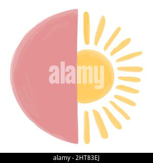 Aquarell handgezeichnetes Element für den Kindergarten im Boho-Stil. Vektordarstellung von Sonne und rosa Mond. Stock Vektor