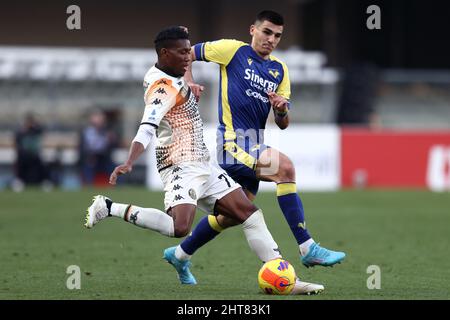 Marcantonio Bentegodi Stadium, Verona, Italien, febbraio 27, 2022, David Okereke (Venezia FC) und Bosko Sutalo (Hellas Verona FC) kämpfen während des Spiels Hellas Verona FC gegen Venezia FC - italienischer Fußball Serie A um den Ball Stockfoto