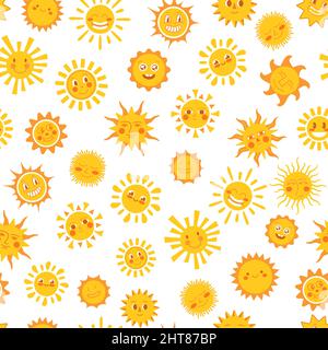 Gelbes Sonnenmuster. Doodle Sonnen, Sommer kritzeln niedlich sonnig. Lustiger Morgensonne, kindlicher Sonnenscheindruck. Cartoon Solar Elements ordentlich Vektor Stock Vektor