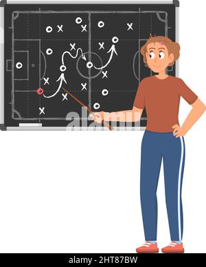 Fußballtrainer und -Programm. Fußballtrainer Strategie für Spieler, Training für Sportmannschaft. Kreativer taktischer Verteidigungsplan auf Tafel, anständiger Vektor Stock Vektor