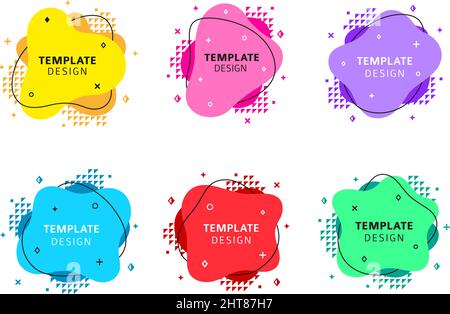 Grafik bieten flüssige Banner Elemente, Fluidströmung Design. Festival bunte Formen mit geometrischen Objekten. Web Digital Tidy Vektorrahmen gesetzt Stock Vektor