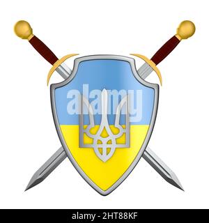 Schild mit ukrainischer Flagge und zwei Schwertern auf weißem Hintergrund. Isolierte 3D-Abbildung Stockfoto
