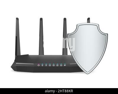 Wireless Internet Router und Shield auf weißem Hintergrund. Isolierte 3D-Abbildung Stockfoto