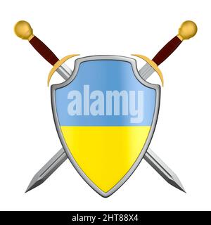 Schild mit ukrainischer Flagge und zwei Schwertern auf weißem Hintergrund. Isolierte 3D-Abbildung Stockfoto