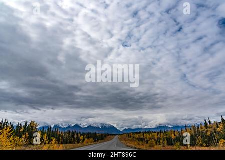 Herbstlandschaft im Norden Kanadas mit dichten, schweren Wolken über dem Himmel. Stockfoto