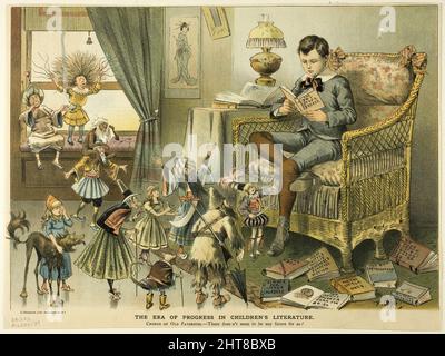 Die Ära des Fortschritts in der Kinderliteratur, von Puck, c. 1886. Stockfoto