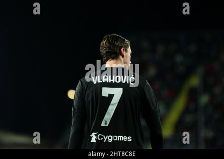 Empoli, Italien. 26.. Februar 2022. Dusan Vlahovic von Juventus FC Gesten während der italienischen Serie Ein Fußballspiel 202122 zwischen dem FC Empoli und dem FC Juventus im Castellani Stadium (Foto: Rafaele Conti/Pacific Press/Sipa USA) Quelle: SIPA USA/Alamy Live News Stockfoto