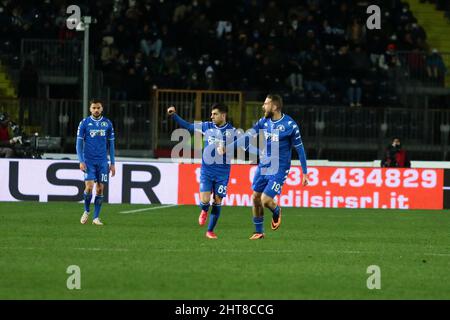 Empoli, Italien. 26.. Februar 2022. Andrea La Mantia vom FC Empoli Torfeiern während der italienischen Serie Ein Fußballspiel 202122 zwischen dem FC Empoli und dem FC Juventus im Stadion von Castellani (Foto: Rafaele Conti/Pacific Press/Sipa USA) Quelle: SIPA USA/Alamy Live News Stockfoto