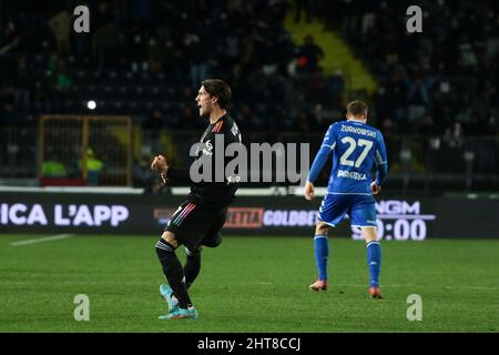 Empoli, Italien. 26.. Februar 2022. Dusan Vlahovic von Juventus FC Gesten während der italienischen Serie Ein Fußballspiel 202122 zwischen dem FC Empoli und dem FC Juventus im Castellani Stadium (Foto: Rafaele Conti/Pacific Press/Sipa USA) Quelle: SIPA USA/Alamy Live News Stockfoto