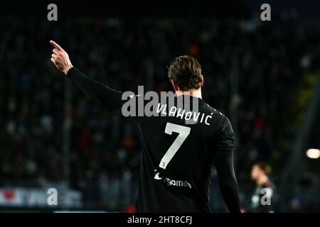 Empoli, Italien. 26.. Februar 2022. Dusan Vlahovic von Juventus FC Gesten während der italienischen Serie Ein Fußballspiel 202122 zwischen dem FC Empoli und dem FC Juventus im Castellani Stadium (Foto: Rafaele Conti/Pacific Press/Sipa USA) Quelle: SIPA USA/Alamy Live News Stockfoto