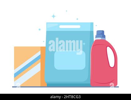 Waschpulver, Weichspüler Gel, Wäschestücke in verschiedenen Verpackungen, Set. Kunststoffbehälter mit Reinigungsflüssigkeit. Vektorgrafik Stock Vektor