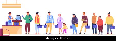 Kunden in Warteschlange stellen. Stehende Menschen an der Theke Kassierer im Supermarkt, wartender Mann zahlen Bargeld kaufen Register Lebensmittelgeschäft, Karikatur Kundenlinie, grelle Vektor-Illustration Stock Vektor