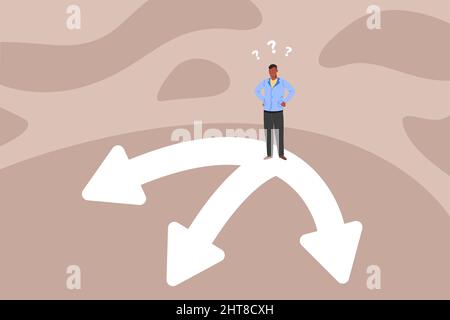 Mann an der Kreuzung. Wahl Weg oder Weg, Unsicherheit geschäftliche Entscheidung, ändern Leben und Beruf Weg, verwirrende Arbeit, Vektor-Illustration. Wahl der Pfeile für die Art der Gelegenheit Stock Vektor