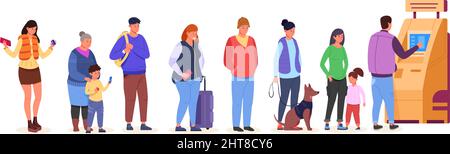 ATM-Warteschlange. Menschen Schlange Gehalt in der Bank-Maschine, stehende Menschenmenge Linie, zurückziehen Karte Drehen digitale Zahlung in bar, Transaktion Geldeinzahlung, Cartoon grellen Vektor Illustration. Warteschlange für Geldautomaten Stock Vektor