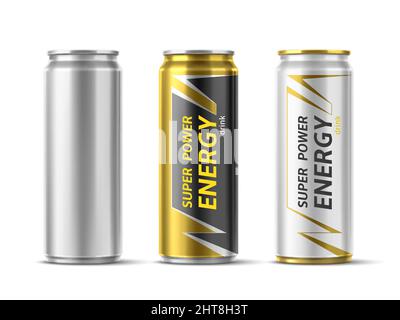 Energy Drink kann entwerfen. Realistische metallische Einweg-Getränkebehälter. Verschiedene Farben Aluminium Verpackung Mockup. Isolierte 3D leere Metallflasche Stock Vektor