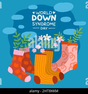 Poster „World Down Syndrome Day“-Socken. Bunt gemusterte Kniesocken mit schönen Blumen. 21. März. Trendige Ornamente. Strumpfwaren und Pflanzen Stock Vektor