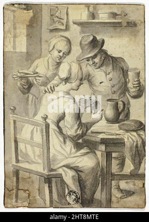 Frau liest am Tisch, während Mann und Frau zuhören, n.d. Stockfoto