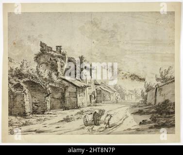 Pferd, Wagen und Bauern auf Straße durch alte Häuser, n.d. Stockfoto