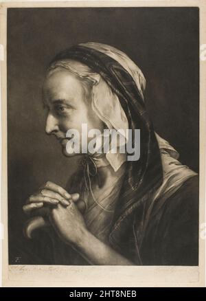 Alte Frau, die auf einem Stock schief geht, aus lebensgroßen Köpfen, 1760. Stockfoto