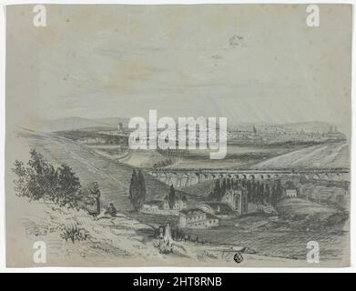 Panoramablick auf eine Eisenbahnbrücke und die Stadt, n.d. Stockfoto