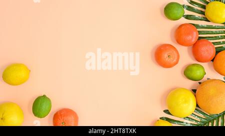 Sommerliche tropische Copy Space Arrangement mit Palmblättern und frischen Bio-Citurenfrüchten auf pastellfarbenem Beibe-Gackground. Flach und kreativ Stockfoto