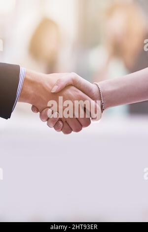 Vergnügen, Geschäfte mit Ihnen zu machen. Aufnahme von zwei Geschäftsleuten, die sich die Hände schüttelten. Stockfoto