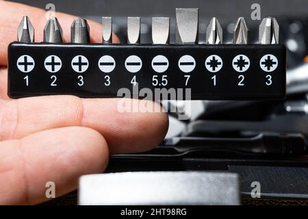 Person, die Schraubendreherspitzen mit verschiedenen Größen und Formen hält Stockfoto