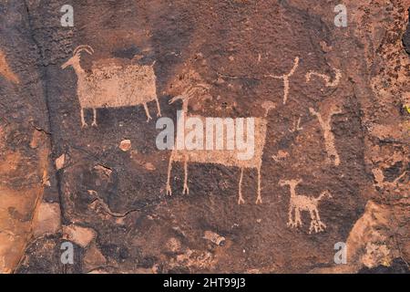 Felszeichnungen Felsmalereien St. George Utah auf dem Land Hill von Ahnenstral Puebloan und Southern Paiute Native Americans Tausende von Jahren alt auf Sandston Stockfoto