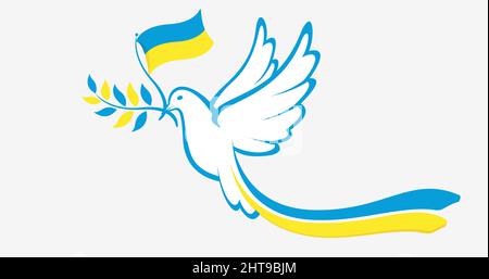 Friedenstaube in blauer Farbe, die die Flagge der Ukraine in ihrem Schnabel hält und die Farben der Ukraine auf ihrem Schwanz hat. Vektorbild Stock Vektor