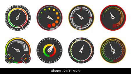 Tachometer-Armaturenbrett, Schnittstellenanzeige, flacher Satz. Geschwindigkeitstransport Messung Verkehrslast Fortschritt Panel Aufkleber Symbol treibende Kraft. Race Download Internet-Technologie-Symbol auf weiß isoliert Stock Vektor