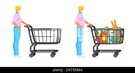 Mann mit Einkaufswagen voller Produkte Stock Vektor