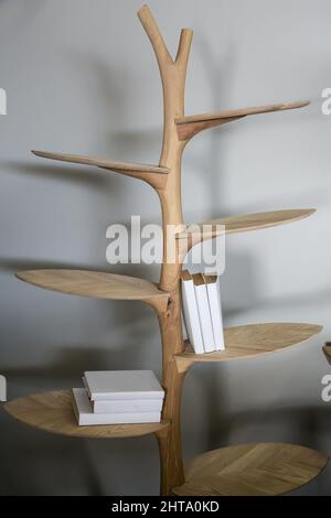 Vertikale Aufnahme eines hölzernen Bücherregals mit einigen Büchern darauf Stockfoto